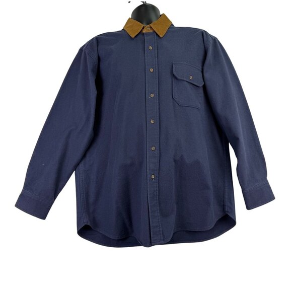 Lands End Navy Cotton Button-Up Shirt W/ Brown Corduroy Collar Workwear - Picture 1 of 9